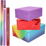 9x Rollen kraft inpakpapier regenboog pakket - regenboog/metallic rood/paars 200 x 70/50 cm