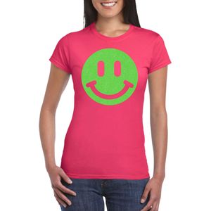 Verkleed T-shirt voor dames - smiley - roze - carnaval/foute party - feestkleding