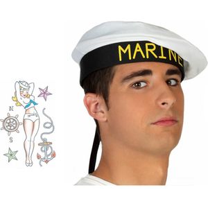 Carnaval verkleed Matrozen hoedje - wit - met zeeman plak tatoeages - volwassenen