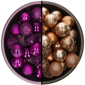 Kerstballen - 74x st - camel bruin en paars - 6 cm - kunststof