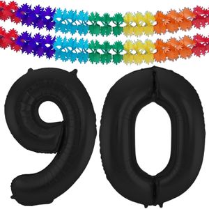 Grote folie ballonnen cijfer 90 in het zwart 86 cm en 2x feestslingers