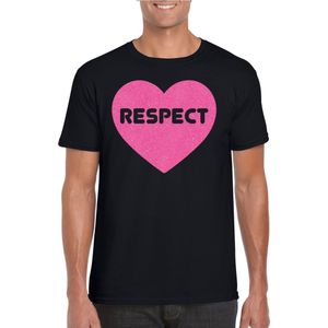 Gay Pride T-shirt voor heren - respect - zwart - roze glitter hart - LHBTI