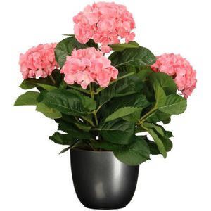 Hortensia kunstplant/kunstbloemen 45 cm - roze - in pot titanium grijs glans