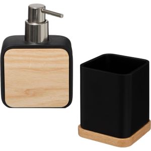Badkamer/toilet accessoires set - tandenborstelhouder en zeeppompje - zwart - bamboe - 200 ml