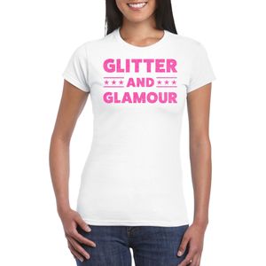 Verkleed T-shirt voor dames - glitter and glamour - wit - roze glitter tekst - carnaval/themafeest