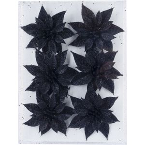 6x stuks decoratie bloemen rozen zwart glitter op ijzerdraad 8 cm