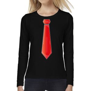 Verkleed shirt voor dames - stropdas rood - zwart - carnaval - foute party - longsleeve