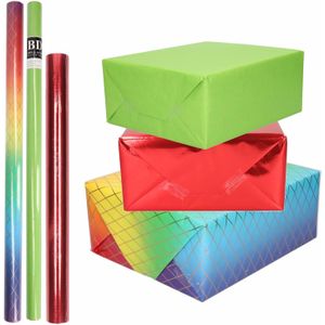 9x Rollen kraft inpakpapier regenboog pakket - regenboog/metallic rood/groen 200 x 70/50 cm