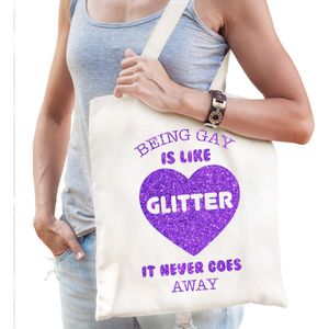 Gay Pride tas voor dames - being gay is like glitter - wit - katoen - 42 x 38 cm