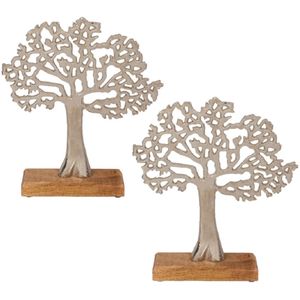 2x Stuks decoratie levensboom van aluminium op houten voet 33 cm zilver - Tree of life