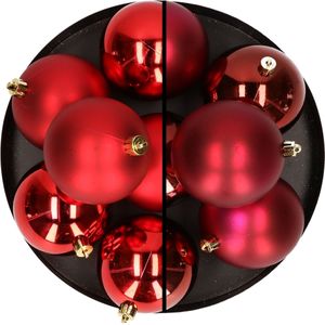 12x stuks kunststof kerstballen 8 cm mix van donkerrood en rood