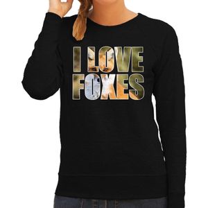 Tekst sweater I love foxes met dieren foto van een vos zwart voor dames