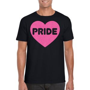 Gay Pride T-shirt voor heren - pride - roze glitter hartje - zwart - LHBTI