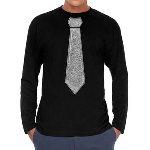 Verkleed shirt voor heren - stropdas glitter zilver - zwart - carnaval - foute party - longsleeve