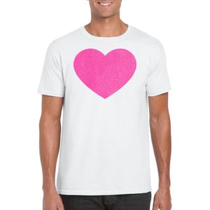 Verkleed T-shirt voor heren - hartje - wit - roze glitter - carnaval/themafeest