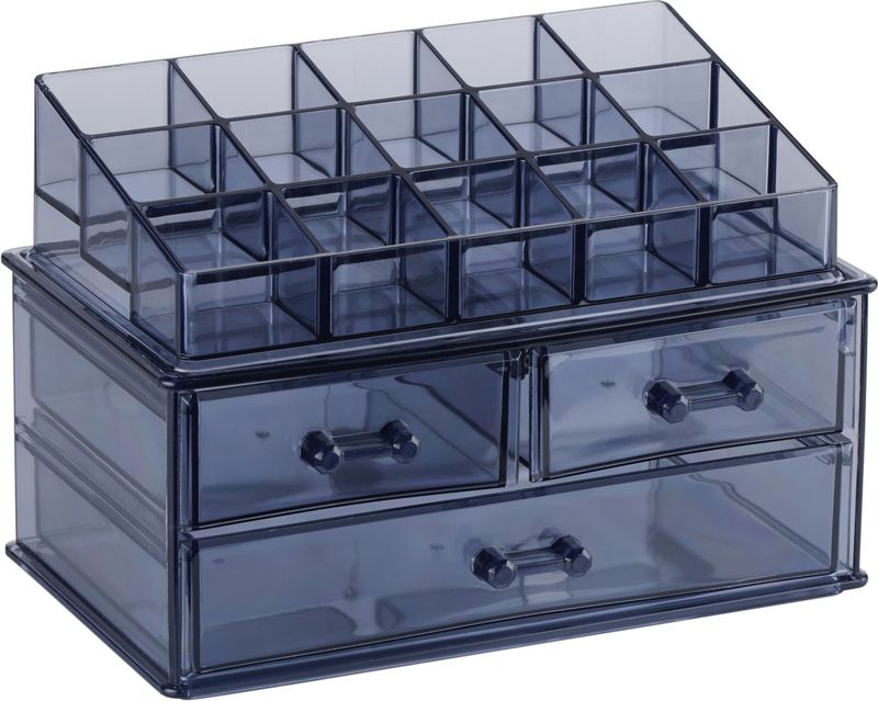 Edco - Make-up Organizer - Donkerblauw - Kunststof - 15 Vakken en 3 Laadjes