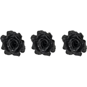 3x stuks decoratie bloemen roos zwart glitter op clip 10 cm