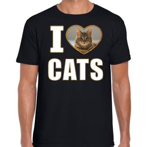 I love cats t-shirt met dieren foto van een bruine kat zwart voor heren