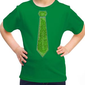 Verkleed t-shirt voor kinderen - glitter stropdas - groen - meisje - carnaval/themafeest kostuum