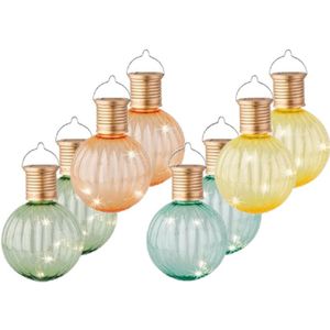 Set van 12x stuks buiten led lichtgroene, turquoise, oranje en gele lampion solar verlichting 11 cm