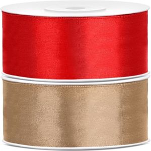 Bellatio decorations 2x rollen satijn sierlint 2.5 cm x 25 meter goud en rood