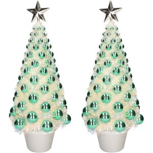 2x stuks complete mini kunst kerstbomen / kunstbomen groen met lichtjes 50 cm