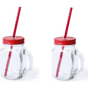 2x stuks Glazen Mason Jar drinkbekers rode dop en rietje 500 ml