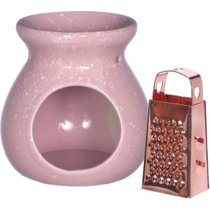 Amberblokjes/geurblokjes cadeau set - geurbrander en mini rasp - roze - keramiek