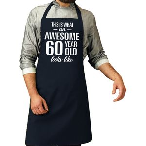 Cadeau schort voor heren - awesome 60 year - navy - keukenschort - verjaardag - 60 jaar