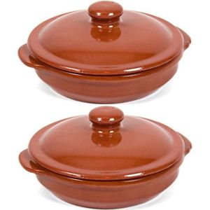 2x Stenen ovenschalen met deksel bruin/ terracotta 18 cm - Terracotta ovenschalen/stoofpotten