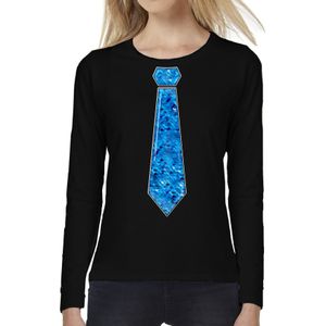 Verkleed shirt voor dames - stropdas pailletten blauw - zwart - carnaval - foute party - longsleeve