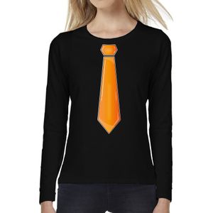 Verkleed shirt voor dames - stropdas oranje - zwart - carnaval - foute party - longsleeve