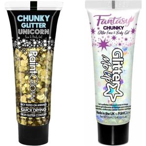 Paintglow Chunky Glittergel voor lichaam en gezicht - 2 tubes - goud en parelmoer - 12 ml