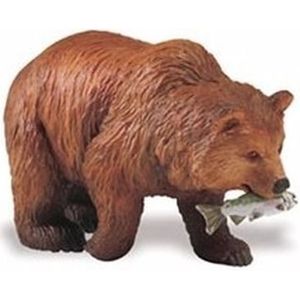Plastic speelgoed figuur grizzlybeer 8 cm met zalm