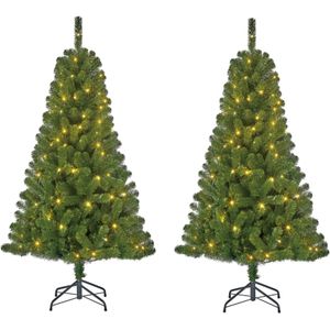 Set van 2x stuks groene kunst kerstbomen/kunstbomen met warm witte verlichting 120 cm