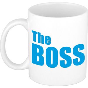 The Boss cadeau koffiemok / theebeker wit met blauwe blokletters - 300 ml - keramiek - fun tekst beker / cadeaumok