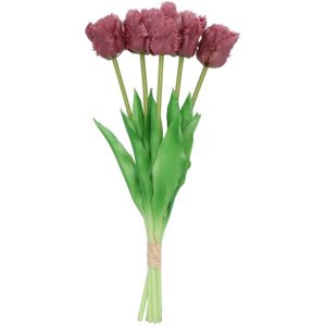 DK Design Kunst tulpen boeket - 5x stuks - aubergine paars - real touch - 39 cm - levensechte kunstbloemen