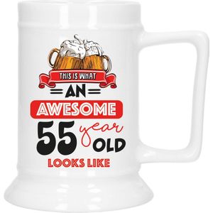 Cadeau Bierpul voor 55 jaar - rood - grappige leeftijd bierpul - keramiek - 530 ml