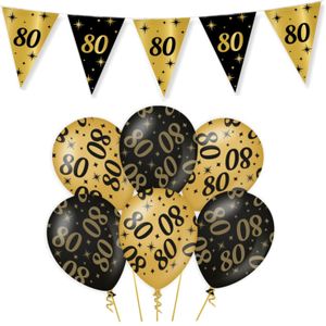 Leeftijd verjaardag feestartikelen pakket vlaggetjes/ballonnen 80 jaar zwart/goud