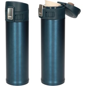 2x stuks RVS thermoflessen / isoleerflessen voor onderweg petrol blauw 450 ml