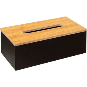 Tissuedoos/zakdoekjes box - zwart - MDF hout - bamboe deksel - 25 x 13 x 9 cm