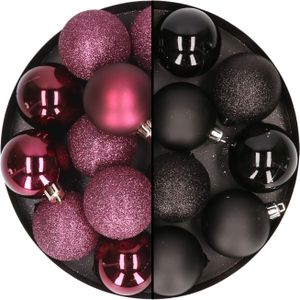 24x stuks kunststof kerstballen mix van aubergine en zwart 6 cm