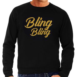 Bling bling sweater zwart met gouden glitter tekst heren - Glitter en Glamour goud party kleding trui L