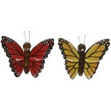 2x Houten magneten vlinders rood en geel
