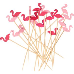 Cocktail/tapas prikkers - flamingos - 20x stuks - bamboo - 12 cm