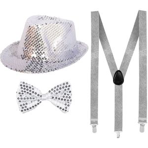 Carnaval verkleed set hoed-strikje-bretels zilver glitters