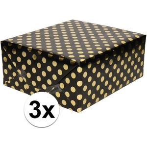 3x Zwart folie inpakpapier/cadeaupapier gouden stip 200 x 70 cm