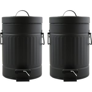 Prullenbak/pedaalemmer - 2x - Industrial - metaal - zwart - 3 liter - 17 x 26 cm - Badkamer/toilet