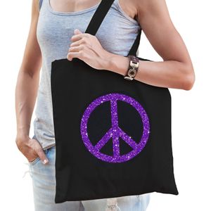 Flower Power katoenen tas met peace teken zwart met paarse glitters voor volwassenen