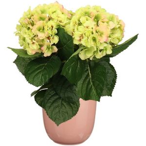 Hortensia kunstplant/kunstbloemen 36 cm - groen/roze - in pot lichtroze glans